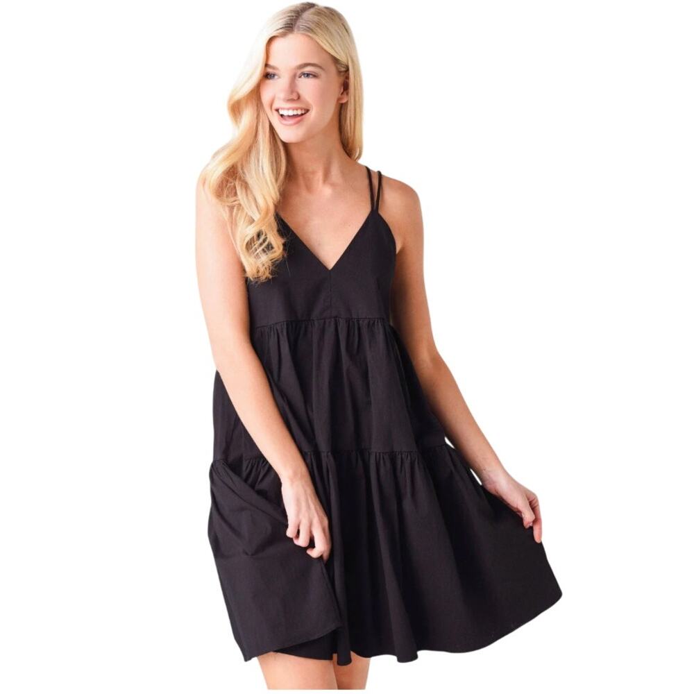 Deluc Black Strappy Back Tiered Mini Dress, Flowy Babydoll Open Back, Medium